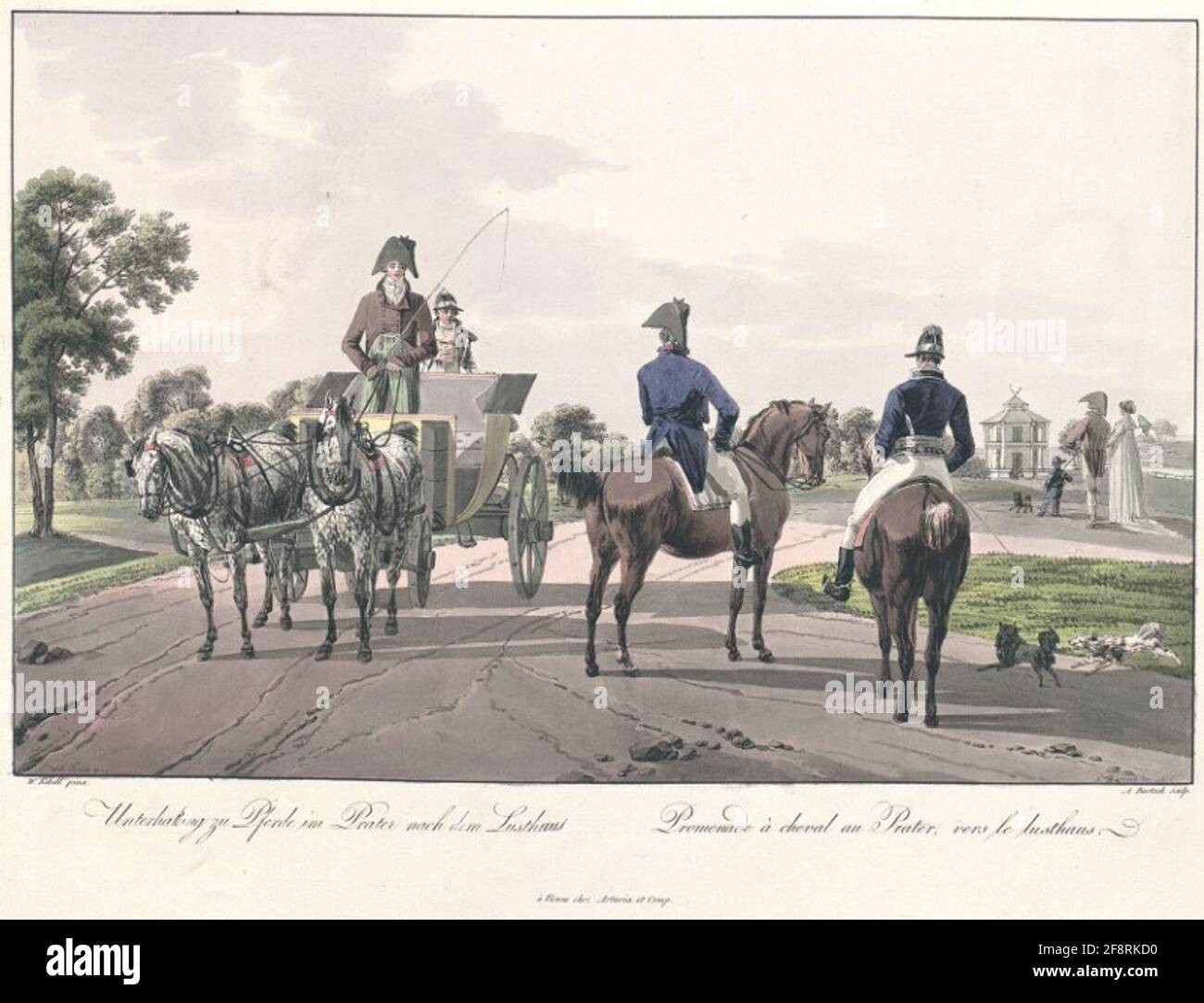 Intrattenimento a cavalli nel Prater dopo la casa di piacere. Promenade à Cheval Au Prater, verso le Lusthaus. . Foto Stock Intrattenimento a cavalli nel Prater dopo la casa di piacere. Promenade à Cheval Au Prater, verso le Lusthaus. . Foto Stock