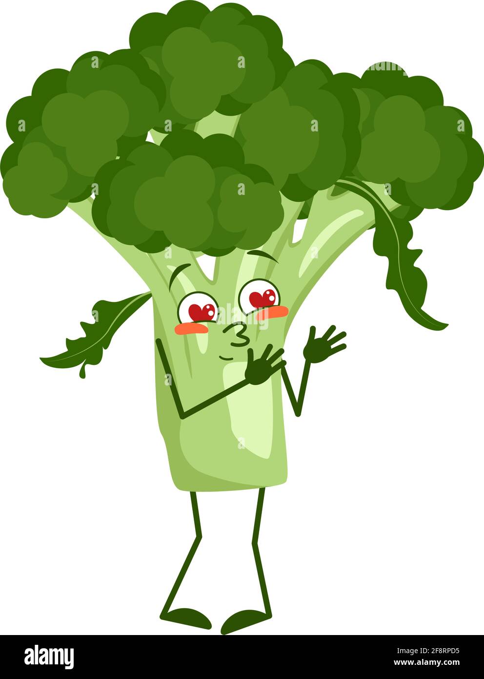 Carino carattere broccoli cade in amore con gli occhi cuori, le braccia e le gambe. L'eroe divertente o sorriso, verdure verdi o cavolo Illustrazione Vettoriale