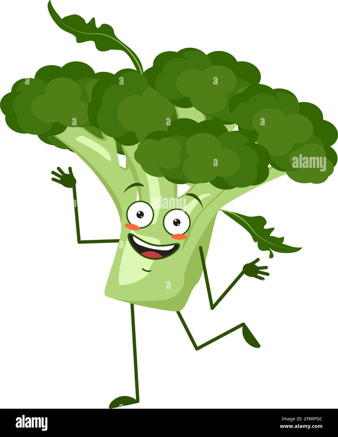 Carino broccoli carattere allegro con emozioni danzanti, braccia e gambe. L'eroe divertente o sorriso, verdure verdi o cavolo Illustrazione Vettoriale