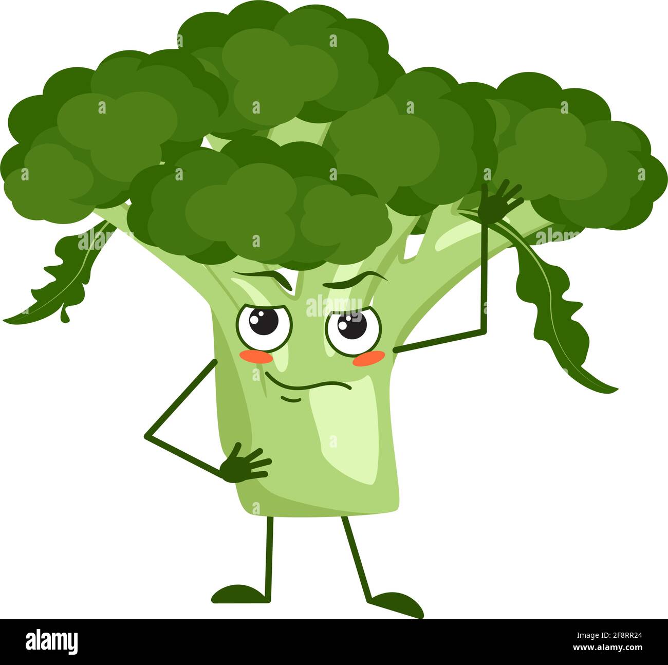 Carino carattere broccoli con viso ed emozioni, braccia e gambe. L'eroe divertente o triste, verdure verdi o cavolo Illustrazione Vettoriale