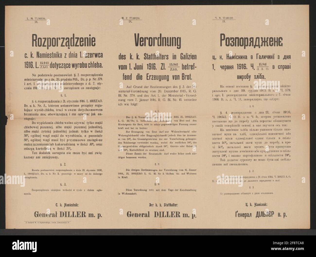 Generazione di pane - regolamento - Lviv - disposizioni per poster multilingue quali tipi di farina possono essere utilizzati per produrre pane - K.K. Istituzioni Generale Diller - 1 giugno 1916 - M. Z. 77.081 / 16 / IX Foto Stock