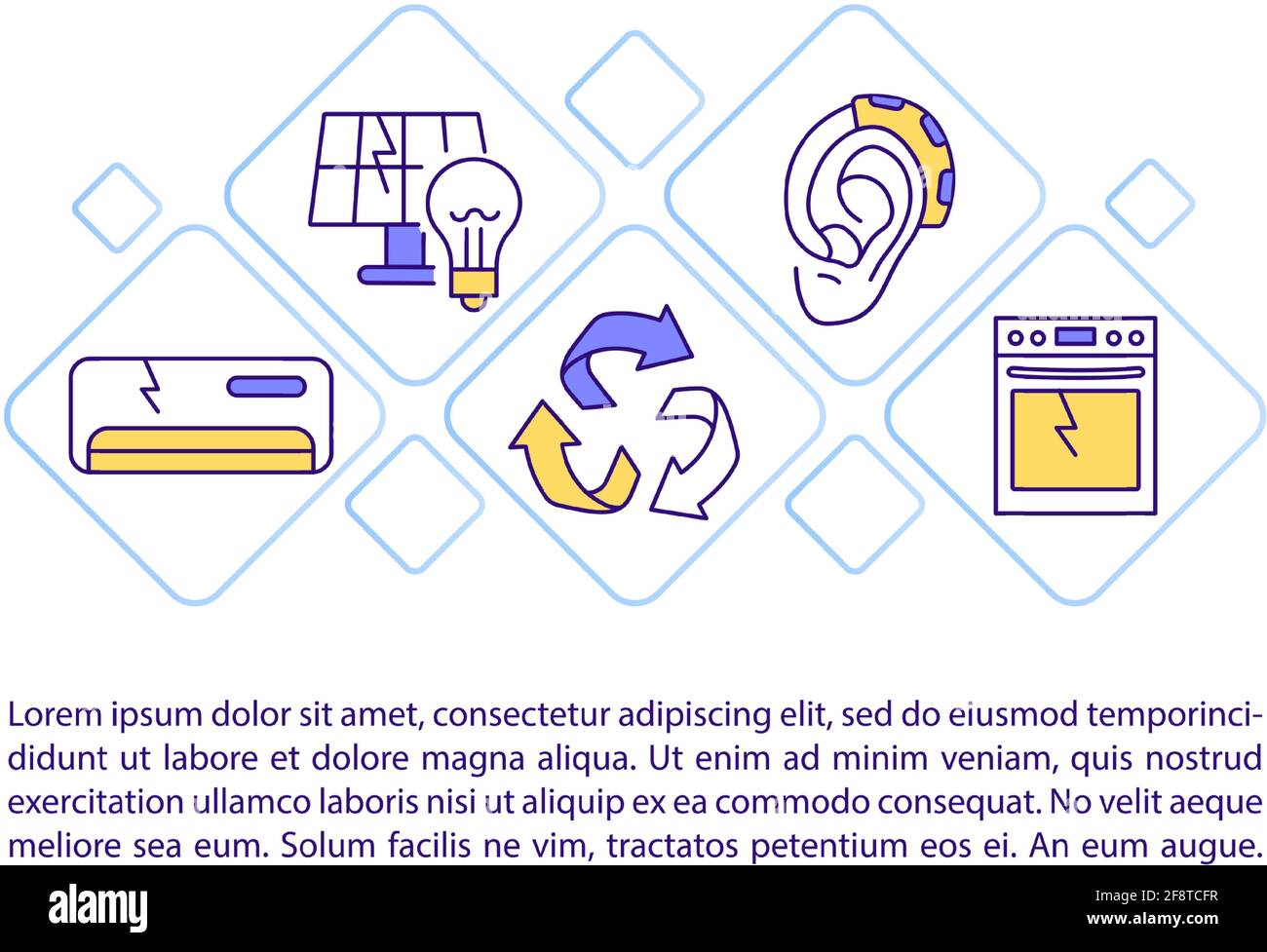 Icone della linea di concetto delle apparecchiature elettriche ed elettroniche con testo Illustrazione Vettoriale