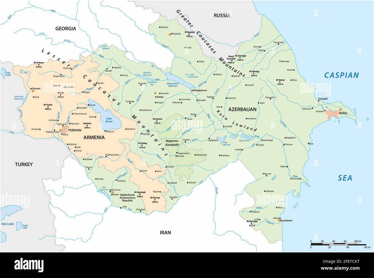 Mappa vettoriale degli stati del Caucaso Armenia e Azerbaigian Illustrazione Vettoriale