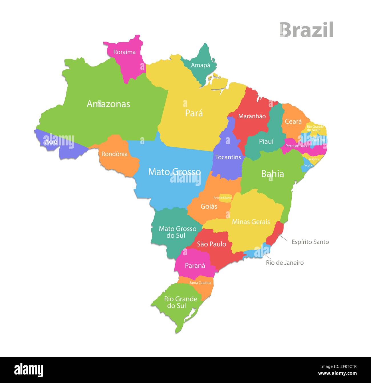 Mappa del Brasile, divisione amministrativa, regioni separate con nomi, mappa dei colori isolata su vettore di sfondo bianco Illustrazione Vettoriale