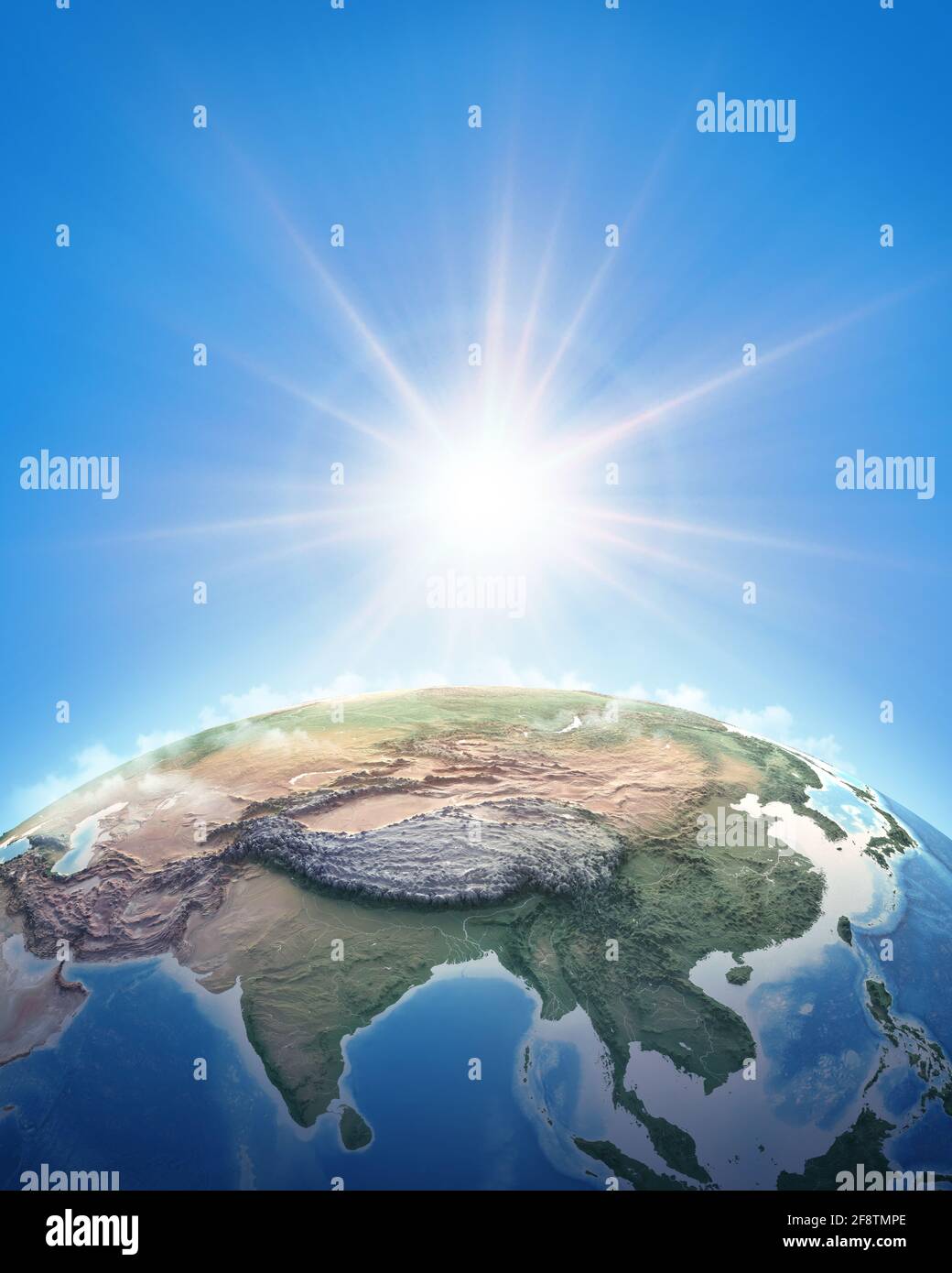 Il sole splende su una vista dettagliata del pianeta Terra, focalizzata sull'Asia orientale, la Cina e l'Himalaya. Illustrazione 3D - elementi forniti dalla NASA Foto Stock