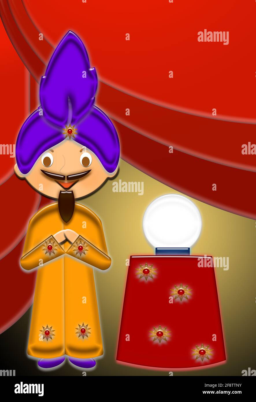 Cartone animato di una bella Fortune-Teller felice con una palla di cristallo su un tavolo. Questa illustrazione fa parte di una raccolta di diverse professioni. Foto Stock