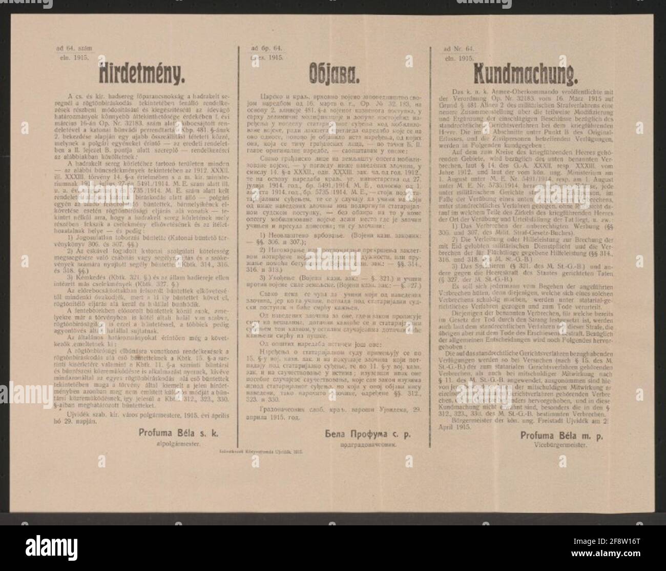 Standnechtecht - Neusatz - Poster multilingue 'l'Alto comando dell'esercito del Kuk pubblicato con il regolamento Op. N. 32183 del 16 marzo 1915 a causa del paragrafo 481. Alineea 2 del procedimento penale militare una nuova compilazione sulla modifica parziale e il supplemento delle decisioni relative allo Stand Legal Court in the War Guest Heeren '- Freistadt Ujvidék, il 29 aprile 1915 - Profuma Béla, Vice Reicher - ad No. 64 / ELN. 1915 Foto Stock