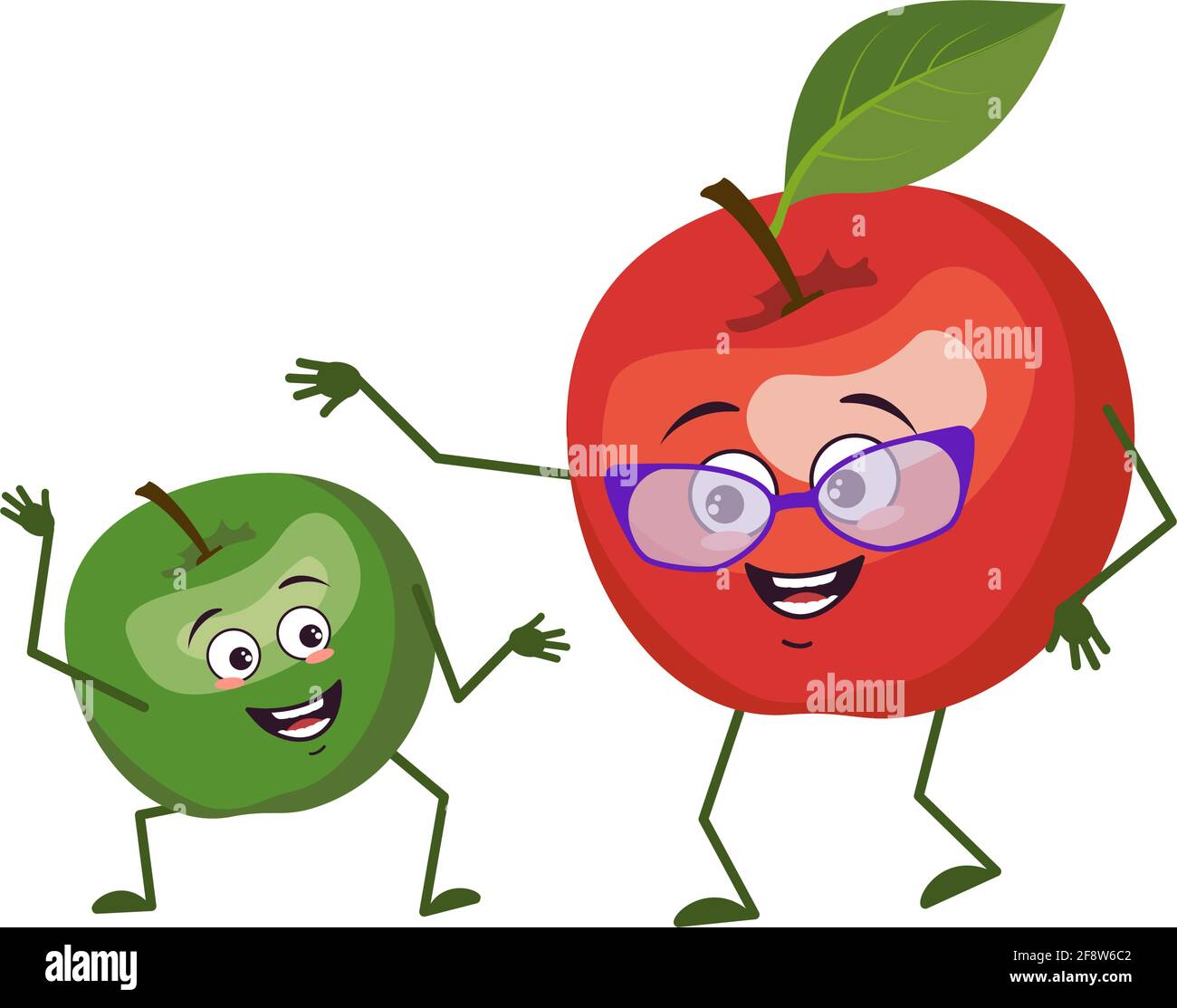 Simpatici personaggi di mele nonna e nipote divertenti, braccia e gambe. L'eroe divertente o felice, frutti verdi e rossi Illustrazione Vettoriale