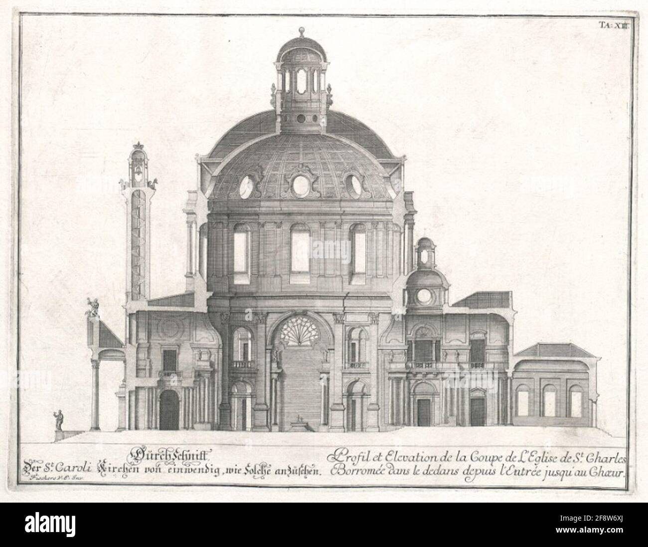 Caroli Kirchen von Einwendig, Wie Songche Anzusehen. Profilo e elevazione della Coppa della Chiesa di San Carlo Borromee all'interno dell'ingresso del coro. Foto Stock