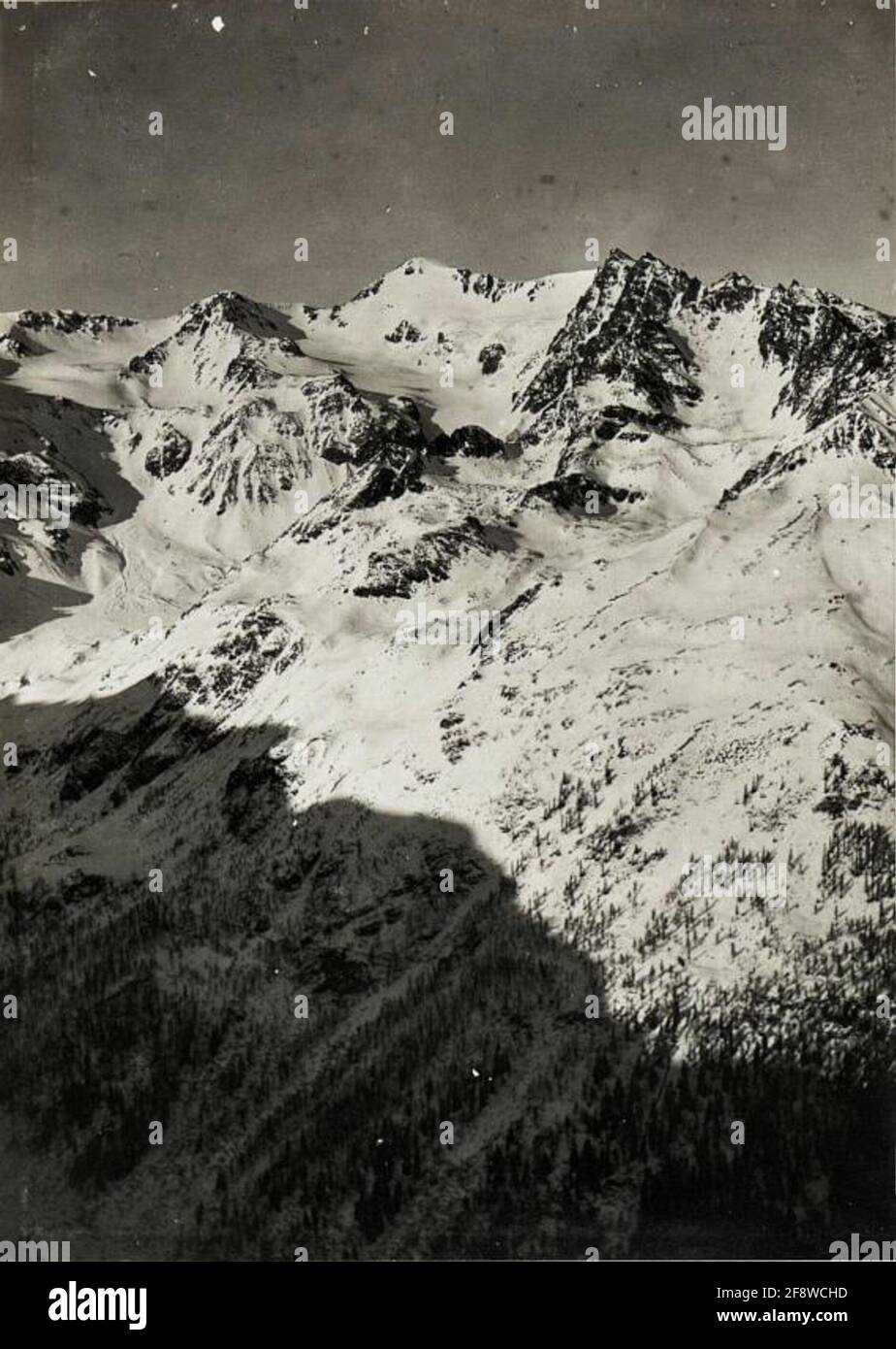 Panorama: Posizioni italiane dall'Albiolo all'Ercavallo, casa di campagna 4.5.6. E vista remota al Monte Vioz. Posizione: Laghetti I. a Valbiolo. (immagine della quarta parte). Foto Stock