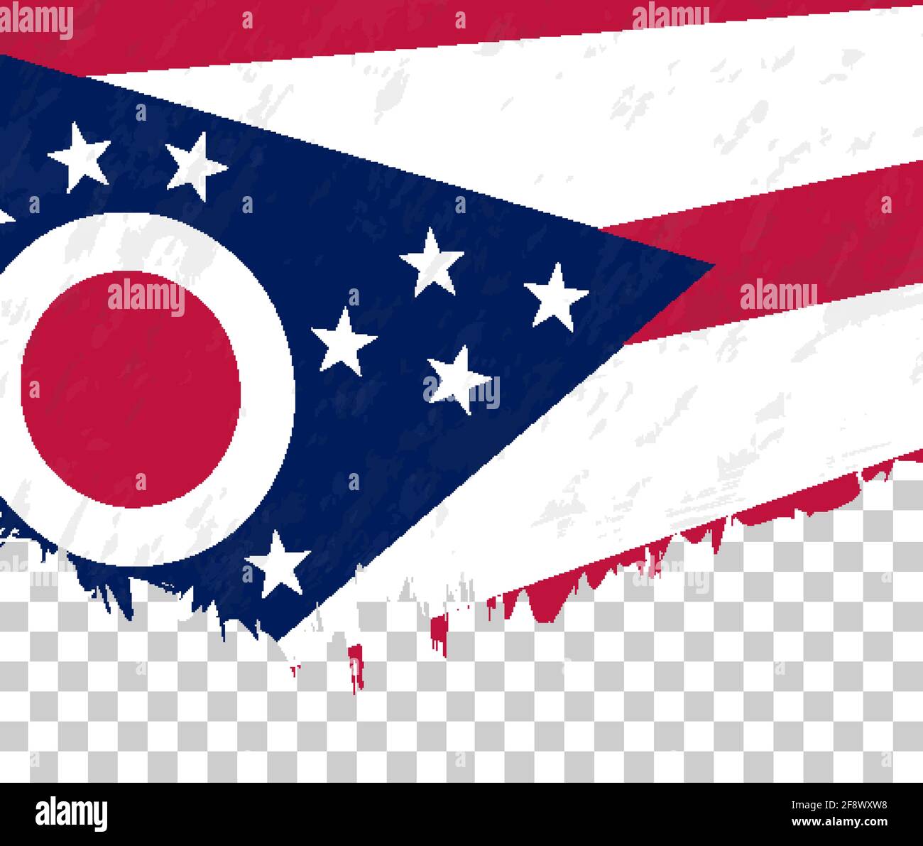 Bandiera in stile grunge dell'Ohio su sfondo trasparente. Bandiera vettoriale a trama dell'Ohio per la progettazione verticale. Illustrazione Vettoriale