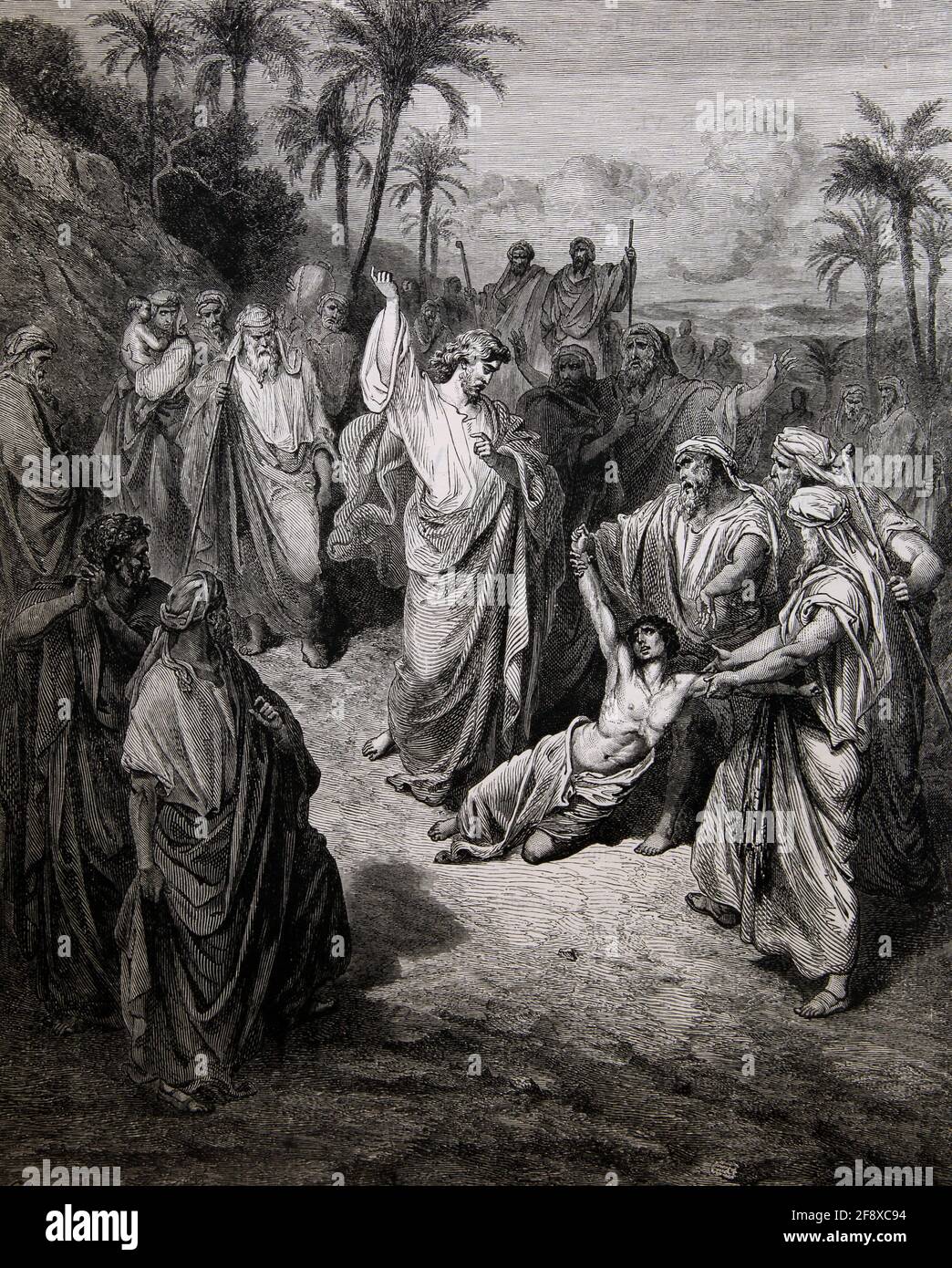 Illustrazione della storia della Bibbia Gesù che guarì il Lunatico (Matteo 17:14-15) Foto Stock