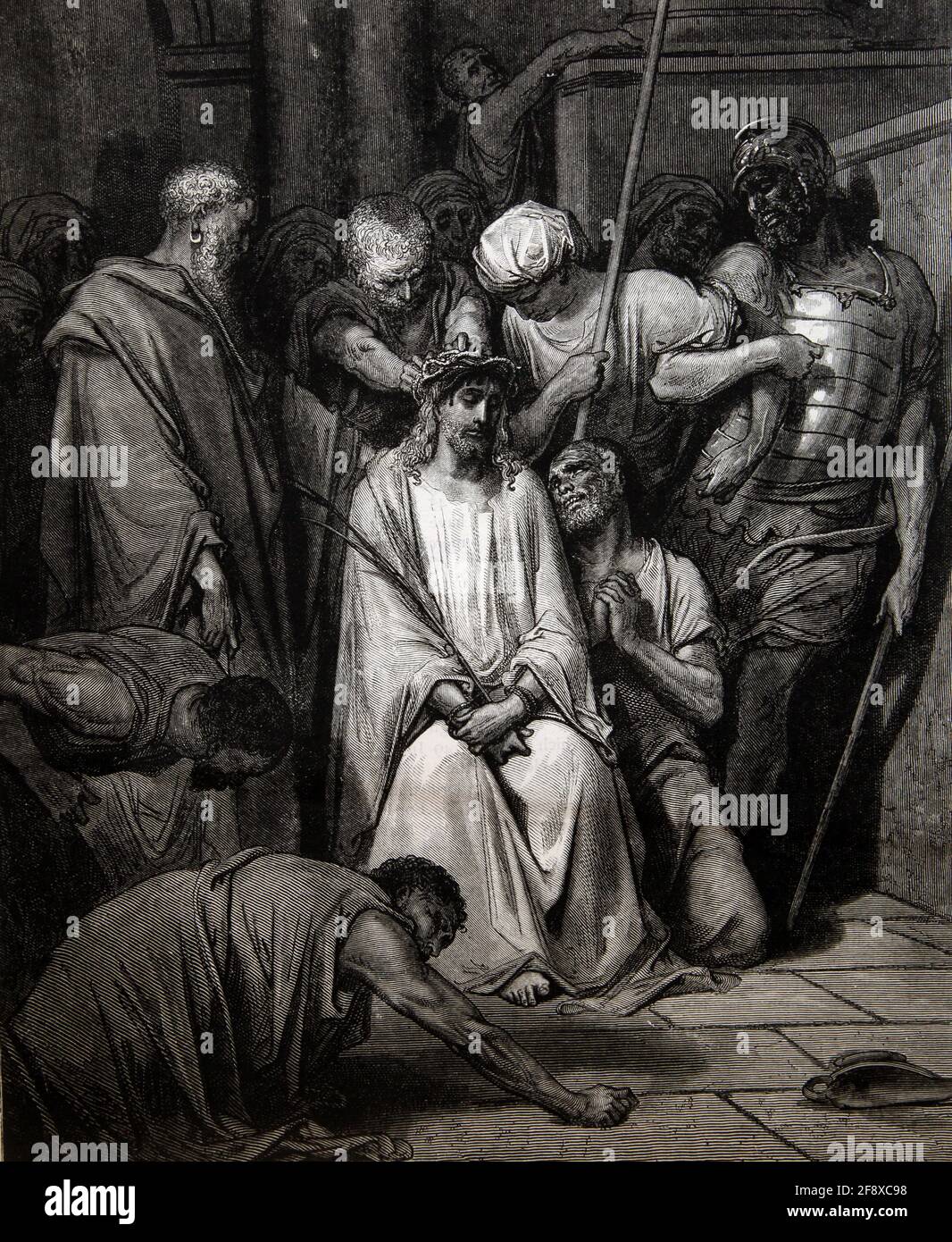 Storia della Bibbia Illustrazione Soldatini romani che collocano la corona di spine Su Gesù Cristo Capo (John19:15) di Gustave Dore Foto Stock