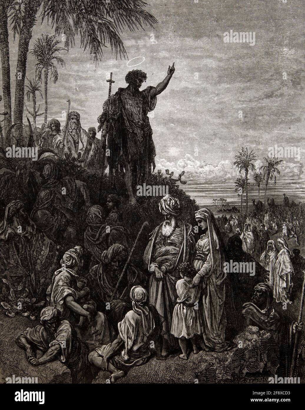 Storia della Bibbia Illustrazione Giovanni Battista predicando al Wilderness (MARK1:6-7) di Gustave dore Foto Stock