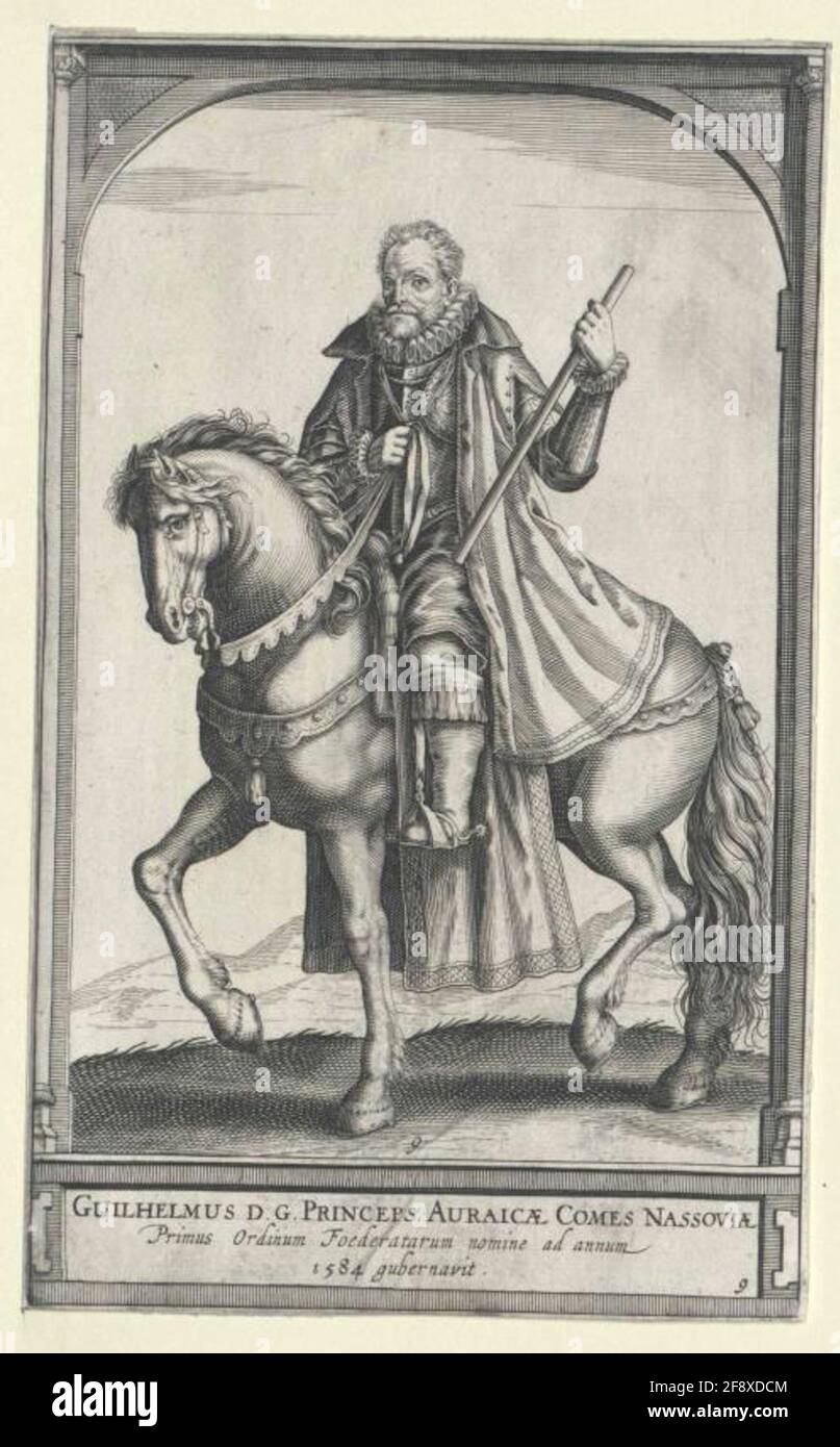 Wilhelm i, principe d'Orania, la figura completa del conte di Nassau a cavallo, a metà da sinistra; Barhaupt, con un boccaglio e un breve; in hip-Harning, con mantello, cucina, polsini Krußen; Bowded; le redini a destra, commandostab a sinistra, il cavallo favori, con sella pad; la cornice rettangolare all'interno degli angoli superiori a forma di arco, fondo a bordo con legenda latina e linguetta duplicata: Nella foto sottostante, nel campo di lettere in basso a destra. Incisione in rame, senza designazione. Foto Stock