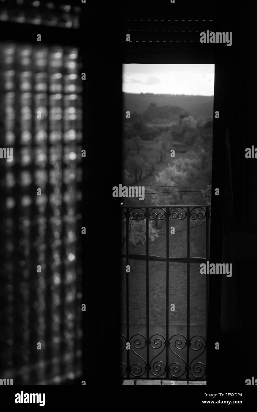 Porta d'epoca con campi di vetro e campagna sullo sfondo. Fotografia in bianco e nero in stile creativo. Foto Stock