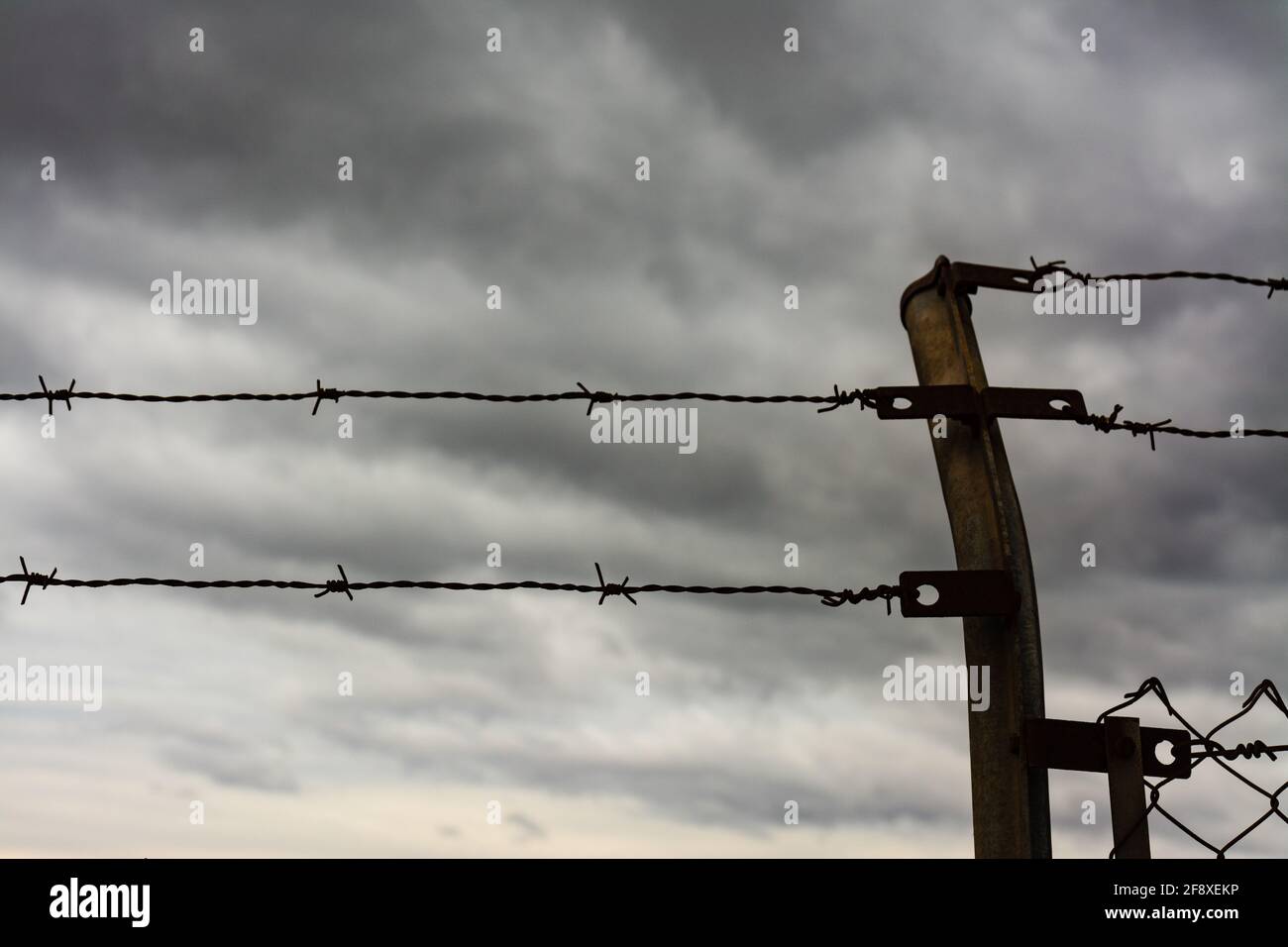 Due file di filo spinato e un palo da recinzione, con nubi tempesta sullo sfondo. Concetto di immigrazione, fuga o libertà. Foto Stock