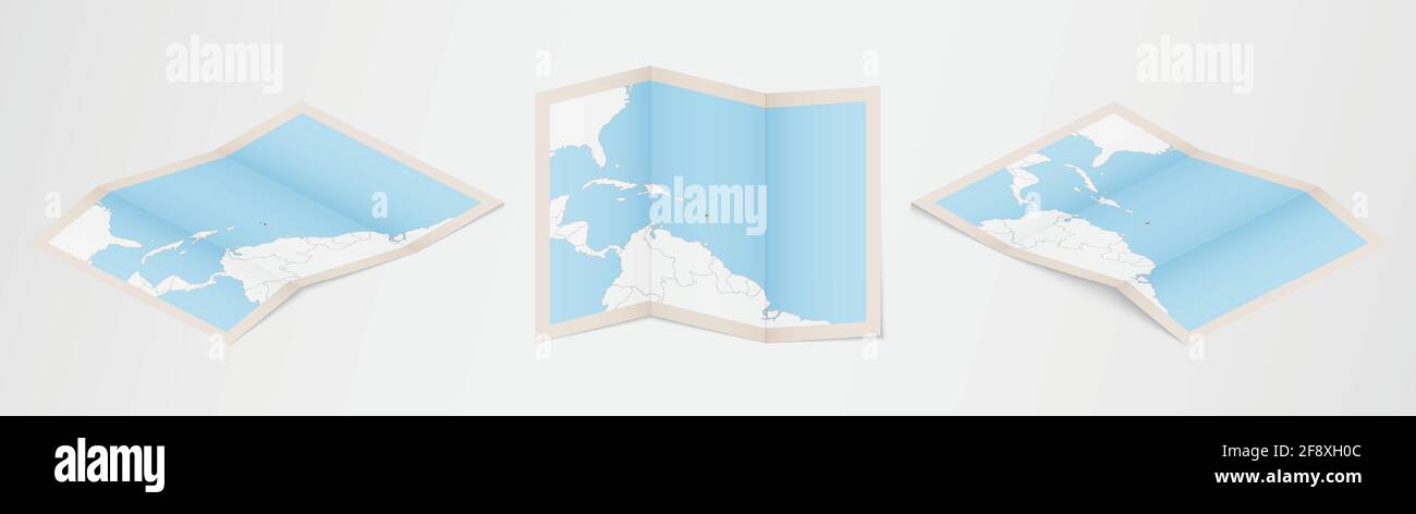 Mappa ripiegata di Antigua e Barbuda in tre diverse versioni. Mappa vettoriale di Antigua e Barbuda. Illustrazione Vettoriale