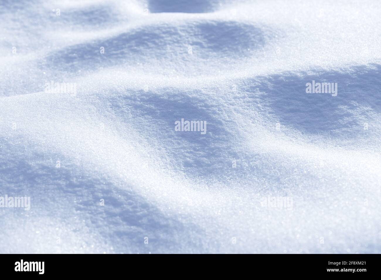 Fresco pulito bianco neve fondo texture. Sfondo invernale con fiocchi di neve ghiacciati e tumuli di neve. Grumi di neve. Dettagli del paesaggio stagionale. Foto Stock
