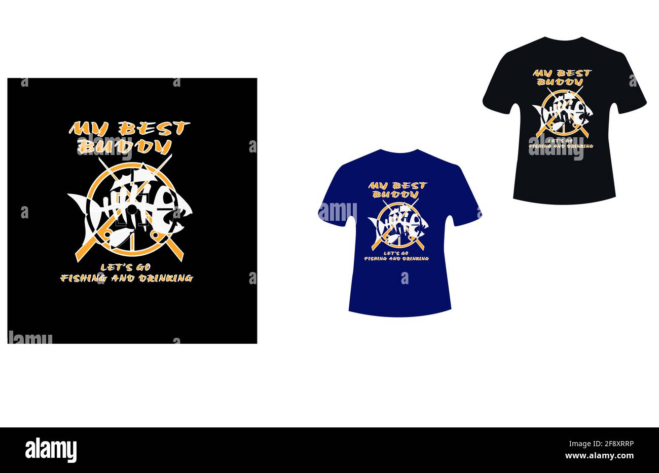 T-shirt da pesca e da bere design vettoriale. T-shirt nera e blu con vettore di testo da pesca e da bere Foto Stock