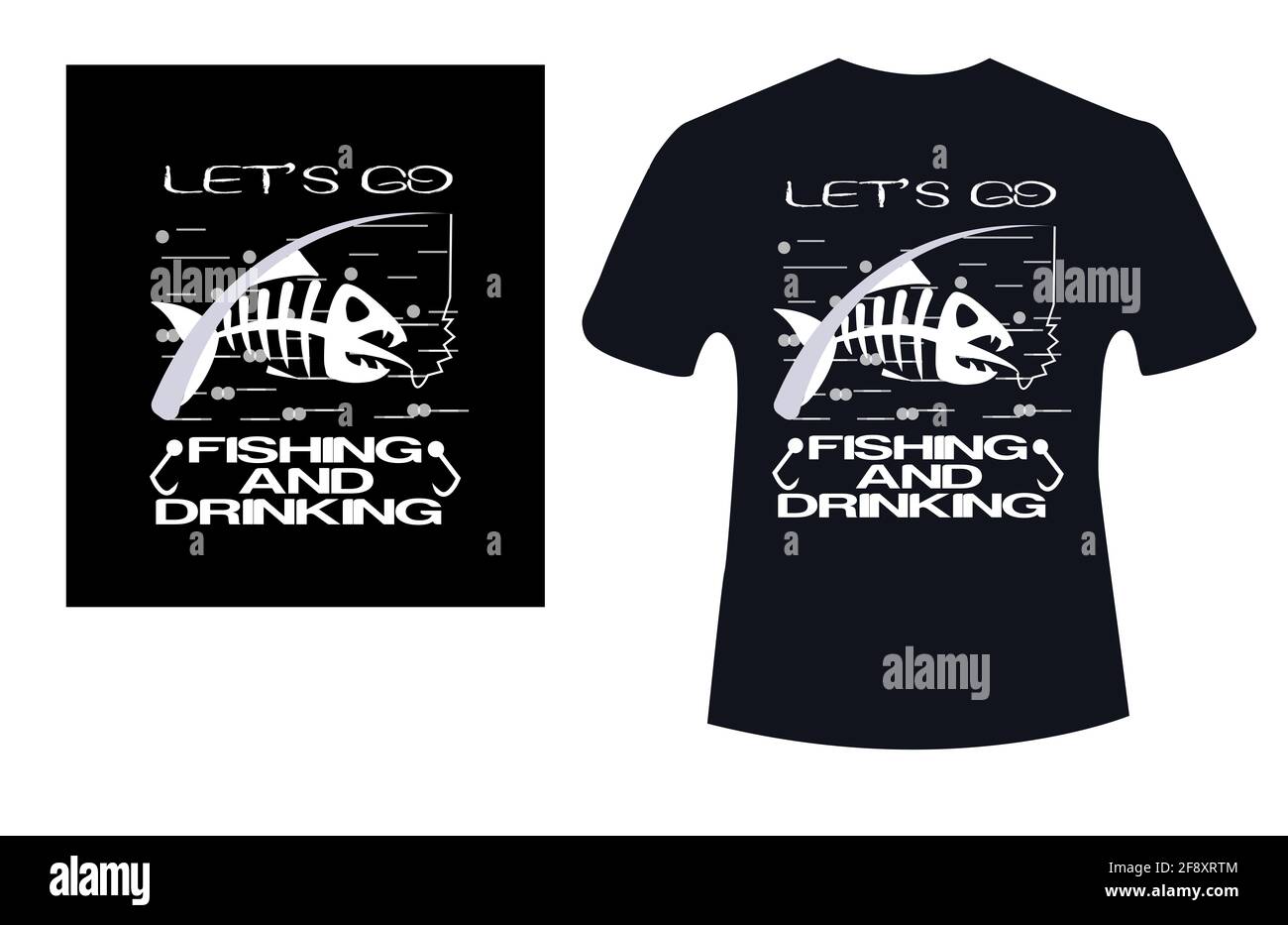 T-shirt da pesca e da bere design vettoriale. T-shirt nera e blu con vettore di testo da pesca e da bere Foto Stock