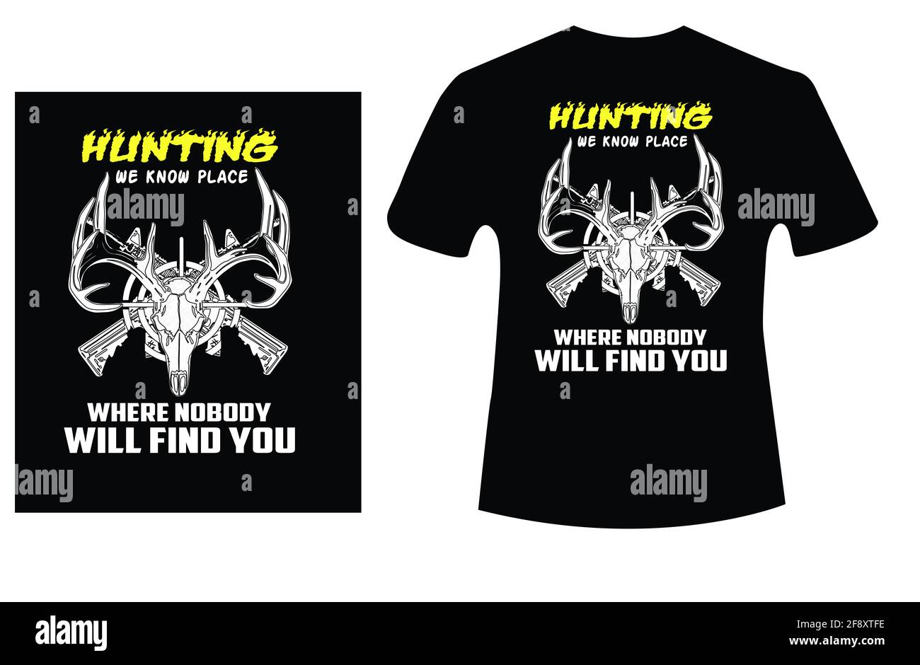 Vettore di disegno t-shirt da caccia. T-shirt di colore nero con testo di caccia e vettore del deign Foto Stock