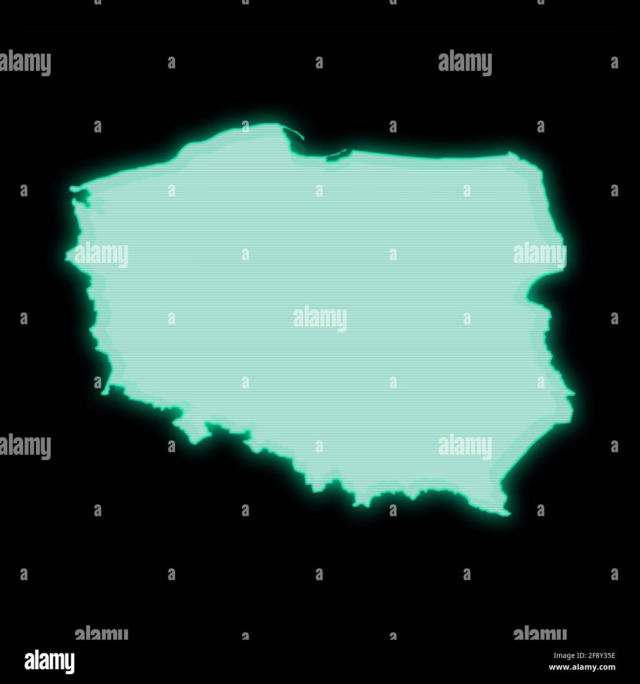 Mappa della Polonia, vecchio schermo verde del terminale del computer, su sfondo scuro Foto Stock