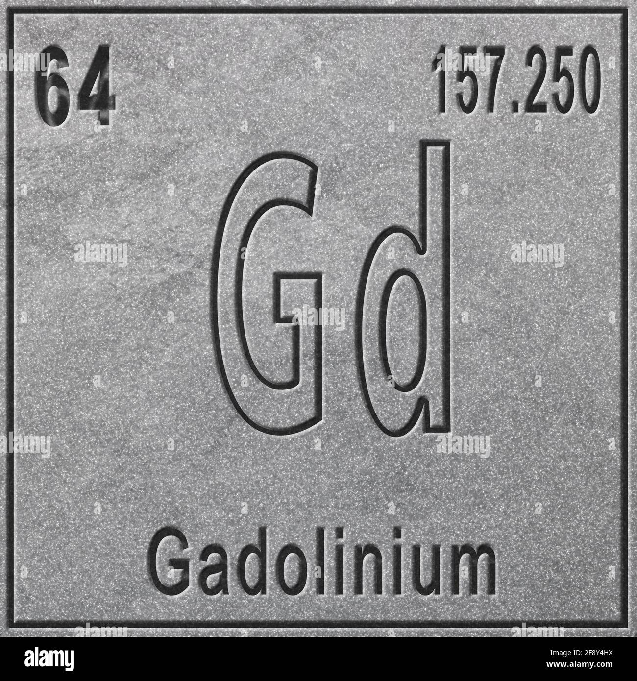 Elemento chimico di gadolinio, segno con numero atomico e peso atomico, elemento Tavola periodica, sfondo argento Foto Stock