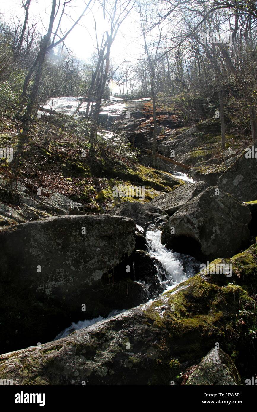 Bellissima acqua fresca del torrente che cade sulle rocce. Sezione delle cascate Crabtree, Virginia, una delle cascate più alte degli Stati Uniti orientali Foto Stock