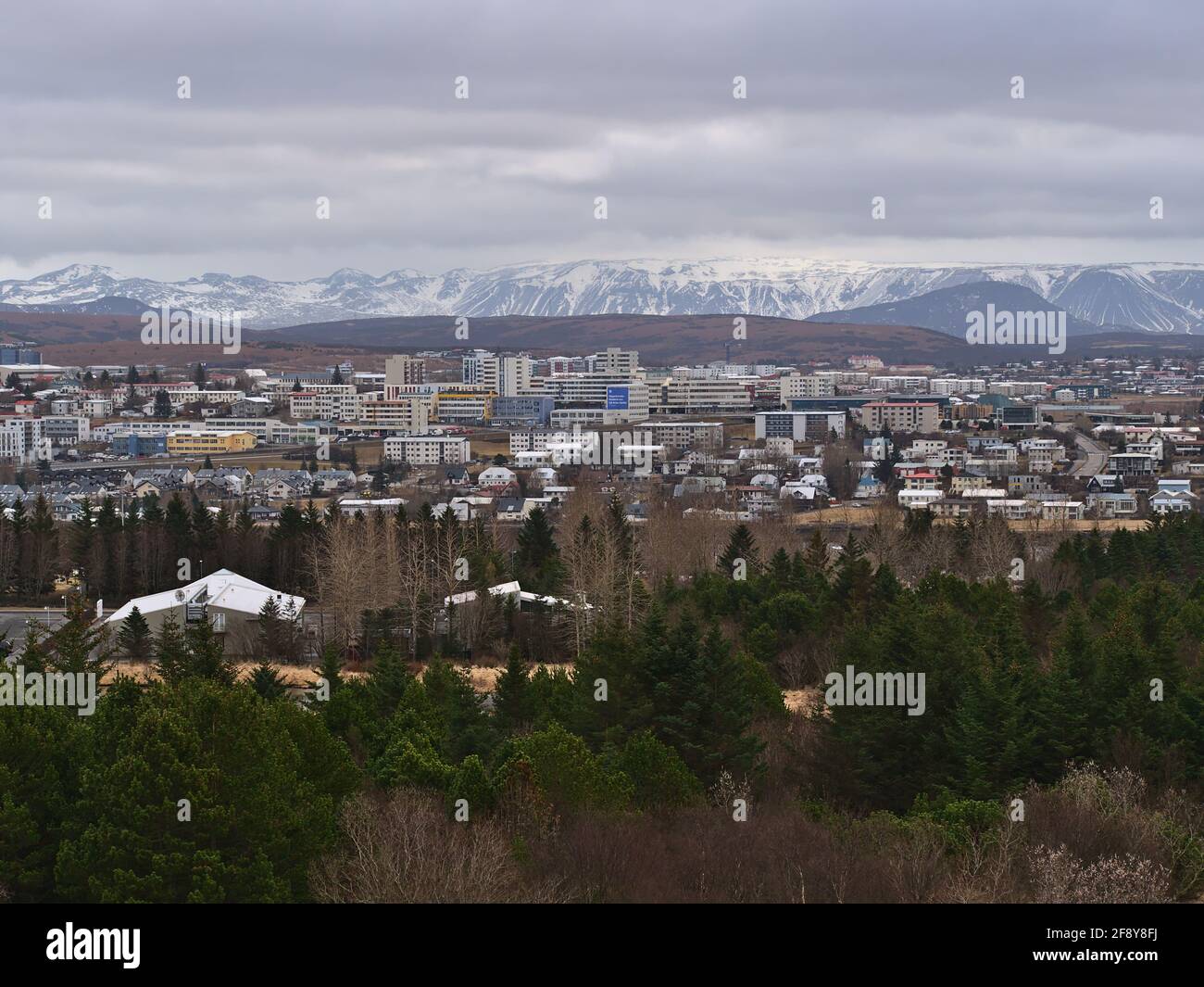 Vista aerea della parte orientale di Reykjavik, capitale dell'Islanda, con una piccola foresta, edifici e montagne innevate e aspre in un giorno nuvoloso. Foto Stock