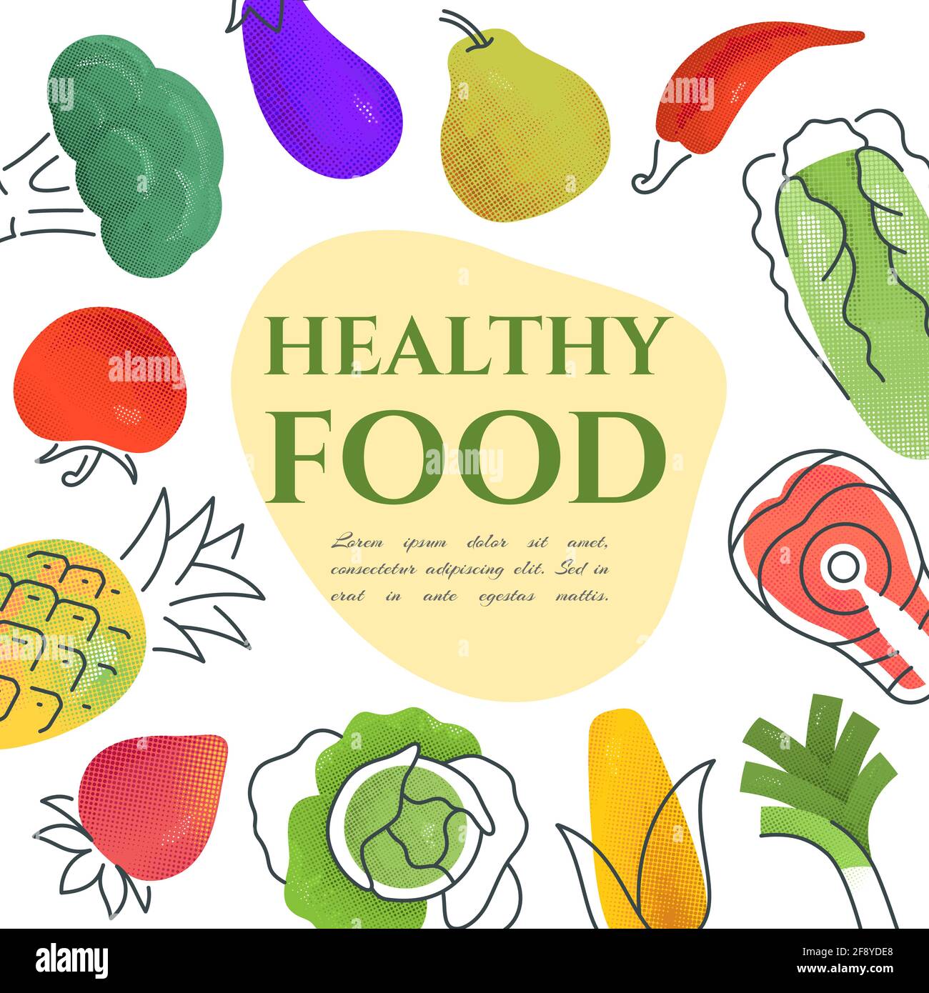 Cornice con prodotti naturali e spazio vuoto per il testo. Frutta, verdura e pesce. Cibi vegetariani sani. Nessuna pendenza. Illustrazione Vettoriale