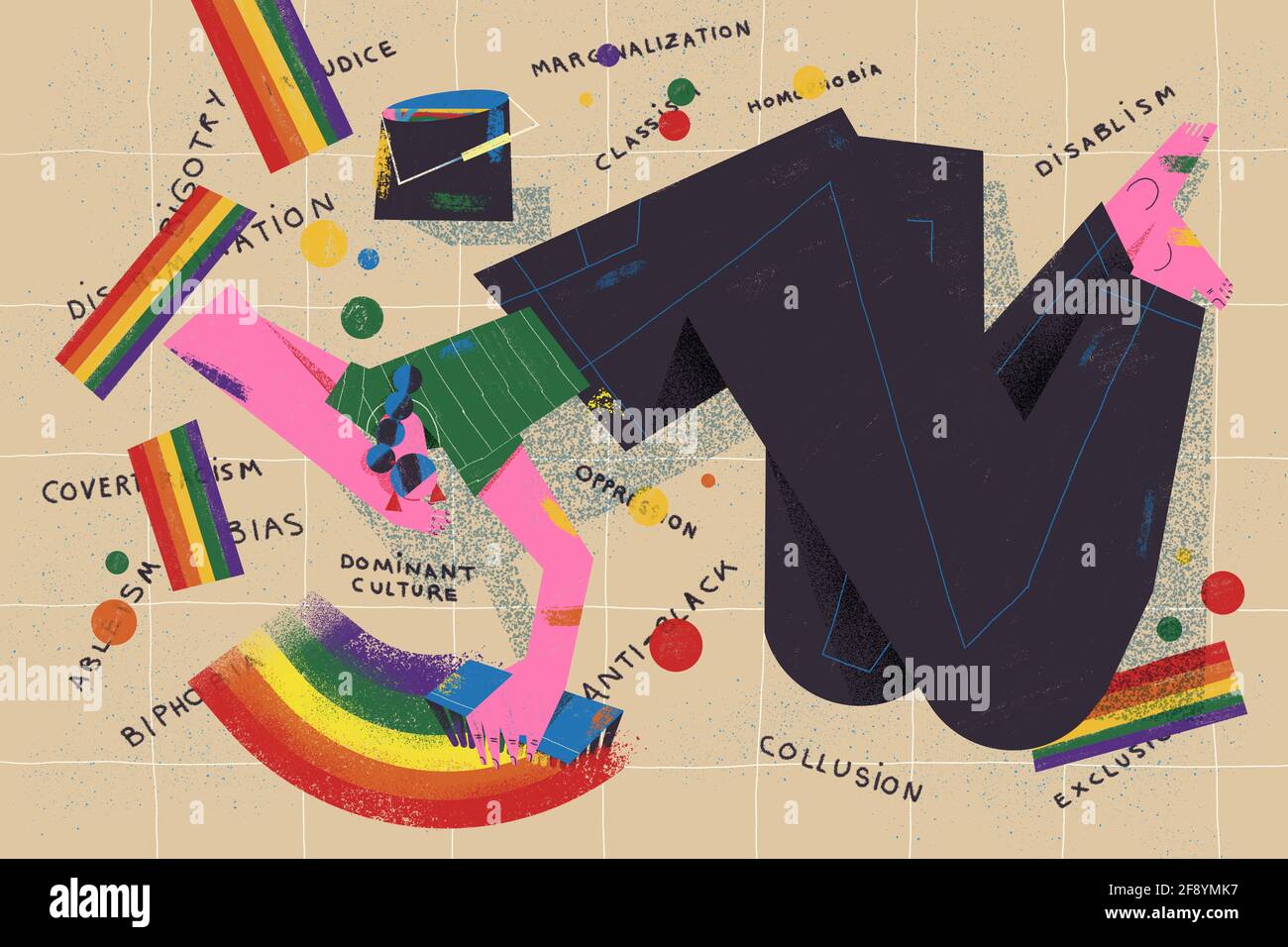 Giovane donna adulta cancella e dipinge sul razzismo, pregiudizio e omofobia parole o termini sul pavimento con colori inclusivi arcobaleno. Attivismo e inclusivi Foto Stock