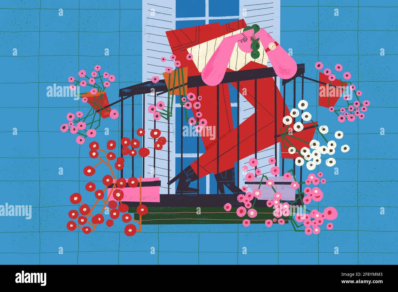 La giovane donna adulta rimane positiva e gode del suo balcone fiorito pieno di colori. Concetto di illustrazione del benessere e dello stile di vita. Foto Stock