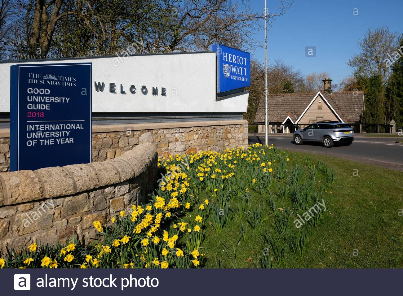 Cartello di benvenuto e ingresso alla Heriot-Watt University, campus di Edimburgo, Riccarton, Edimburgo, Scozia Foto Stock