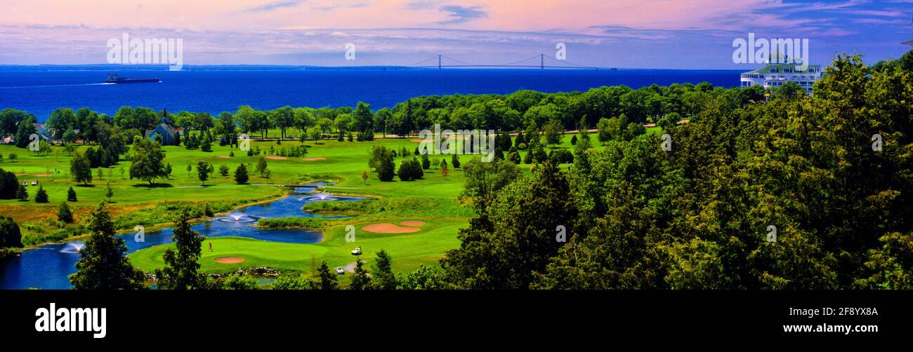 Vista aerea del campo da golf, Mackinac Island, Michigan, USA Foto Stock