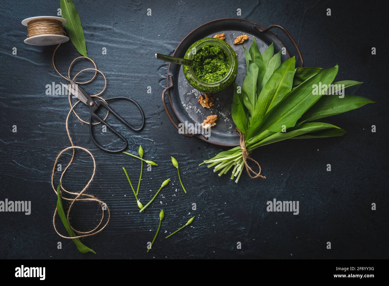 Pesto e noci di aglio selvatico fatti in casa su un vassoio di metallo, foglie di aglio selvatico, un nastro e forbici su sfondo nero Foto Stock
