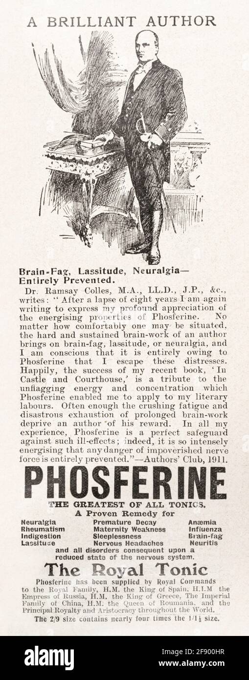 Pubblicità vintage edoardiana della medicina dal 1911 per Phosferine - standard pre-pubblicità. Storia di pubblicità, pubblicità medica, olio di serpente. Foto Stock