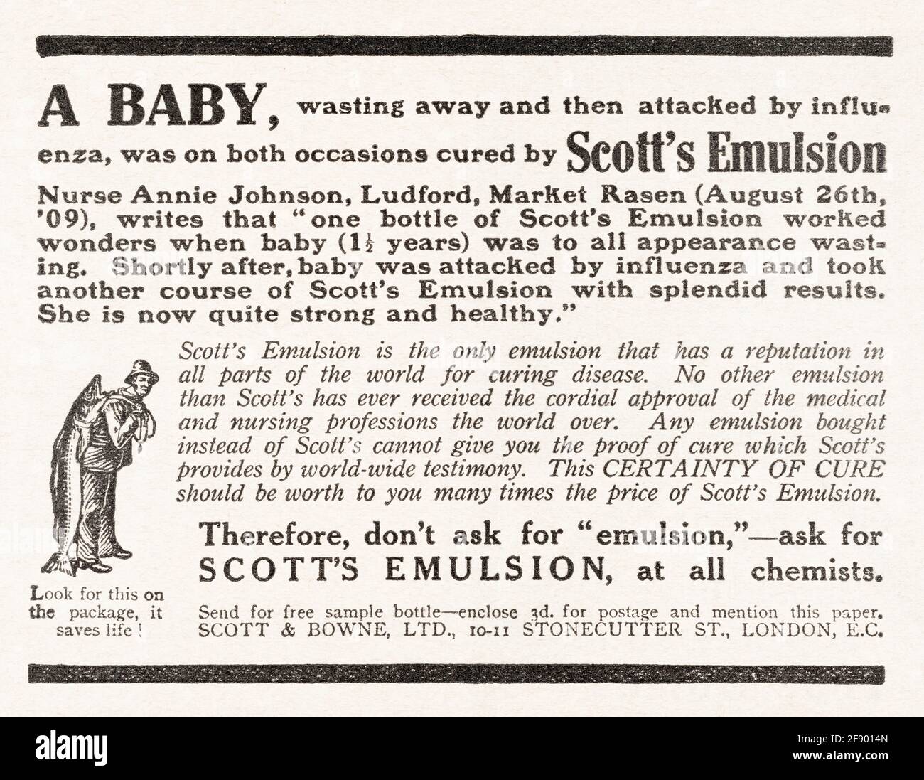 Vecchia rivista edoardiana d'epoca giornale per l'advert Scott's emulsione medicina influenzale dal 1912 - prima degli standard pubblicitari. Foto Stock