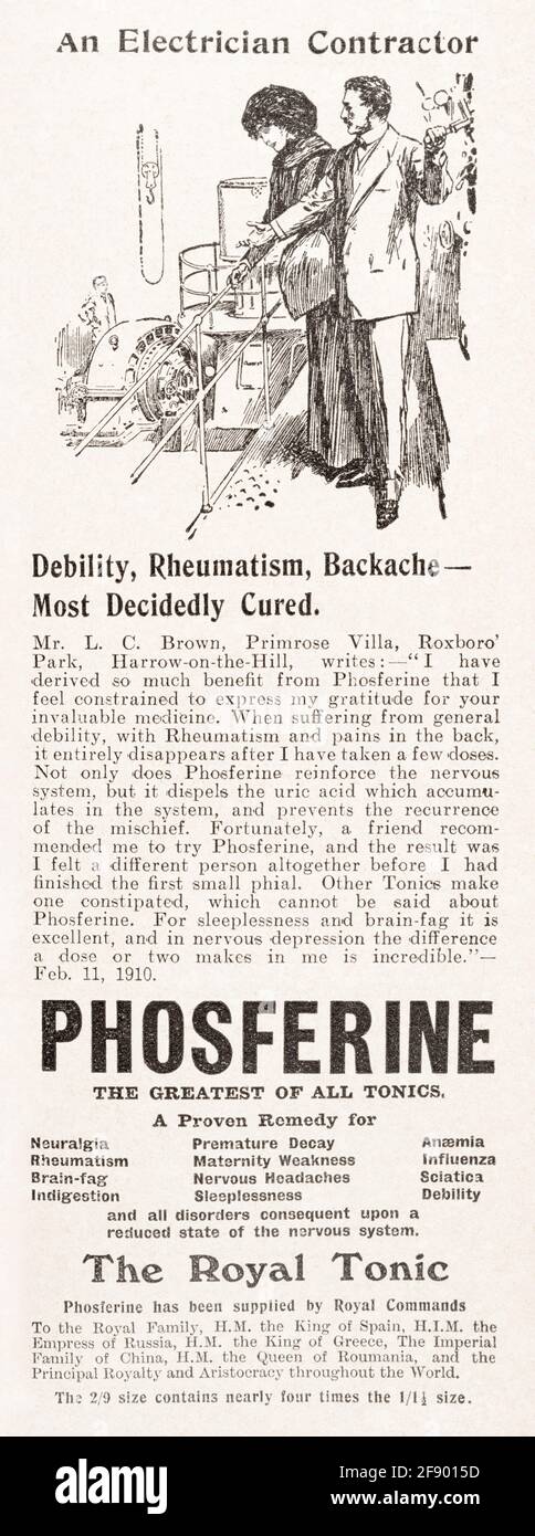 Pubblicità vintage edoardiana della medicina dal 1912 per Phosferine - standard pre-pubblicità. Storia di pubblicità, pubblicità medica, olio di serpente. Foto Stock