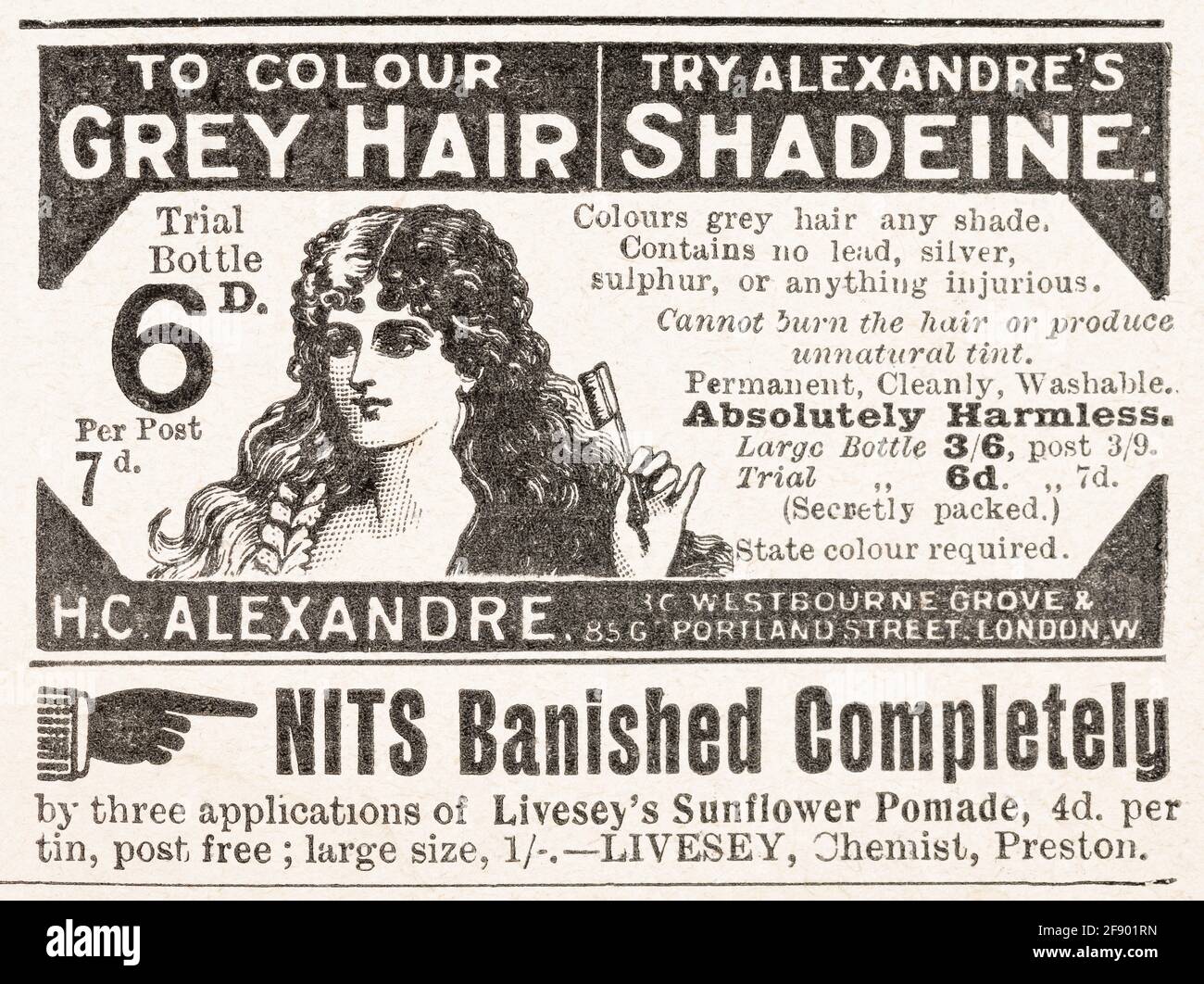 Vecchio annuncio vintage di cura dei capelli / cura dei capelli da epoca vittoriana - 1902 - tempo di standard pre-pubblicità. Vecchi capelli pubblicità, storia di pubblicità. Foto Stock