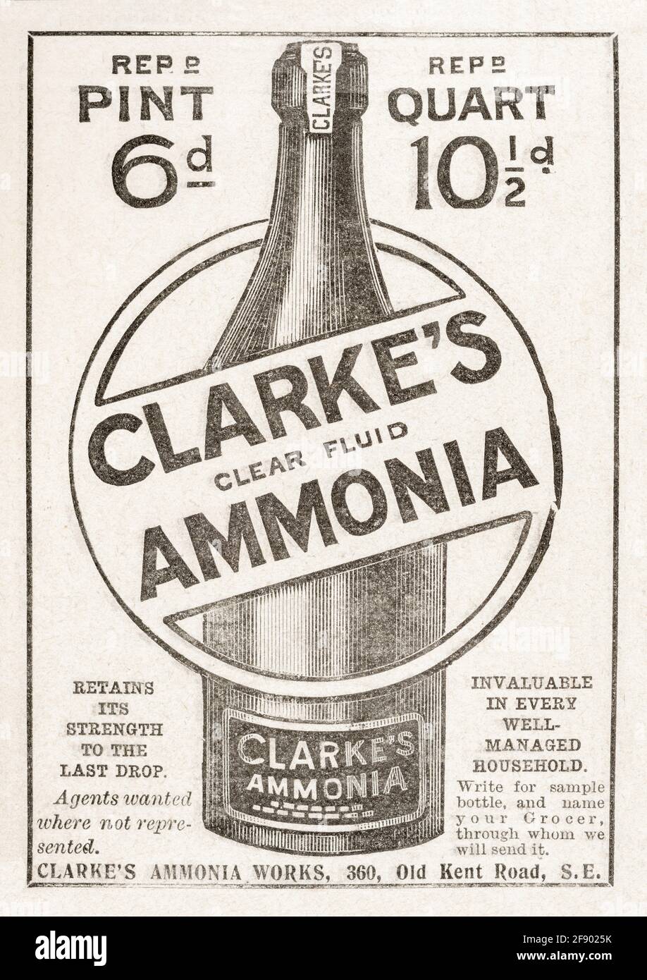 Vecchia rivista vittoriana carta da giornale Clarke's ammoniaca fluido spot dal 1901 - prima dell'alba degli standard pubblicitari. Anamnesi medica. Foto Stock