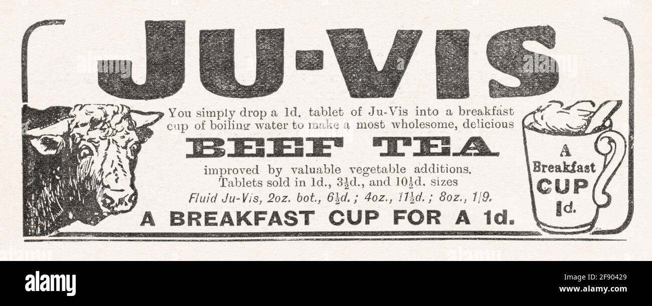 Vecchia carta da giornale vittoriana d'epoca Ju-Vis pubblicità del tè di manzo dal 1907 - standard pre pubblicità. Pubblicità di vecchio cibo, vecchio annuncio di prodotto alimentare simile a Bovril. Foto Stock