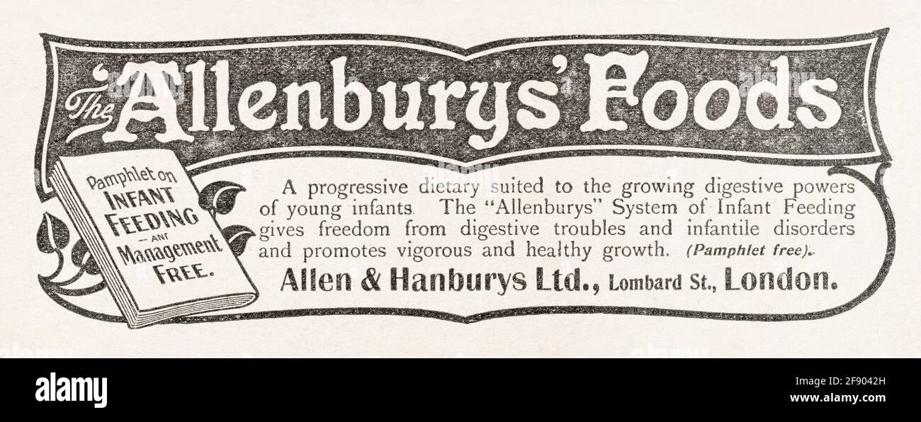 Vecchio stile vittoriano Allen & Hanbury annunci di cibo per bambini dal 1907 - standard pre-pubblicità. Pubblicità di vecchi alimenti, vecchi marchi di alimenti per bambini. Foto Stock