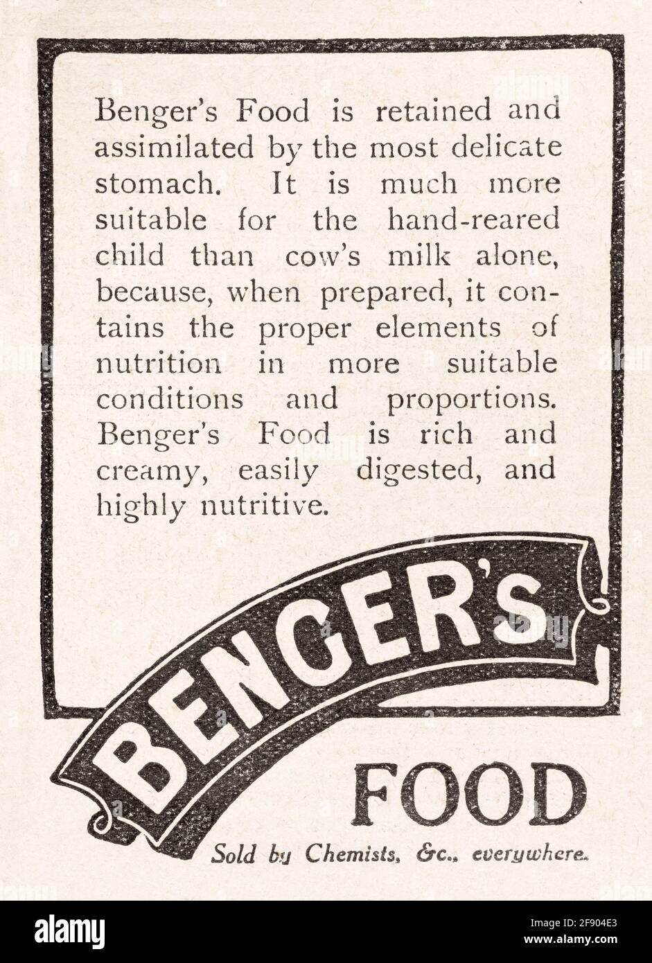 Vecchio annuncio di cibo per bambini Edwardian Benger d'annata dal 1911 - standard pre-pubblicitari. Pubblicità di vecchi alimenti, vecchi marchi di alimenti per bambini. Foto Stock