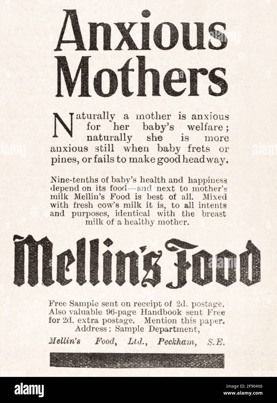 Vecchio spot edoardiano di Mellin's baby food d'annata dal 1912 - standard pre-pubblicitari. Pubblicità di vecchi alimenti, vecchi marchi di alimenti per bambini. Foto Stock