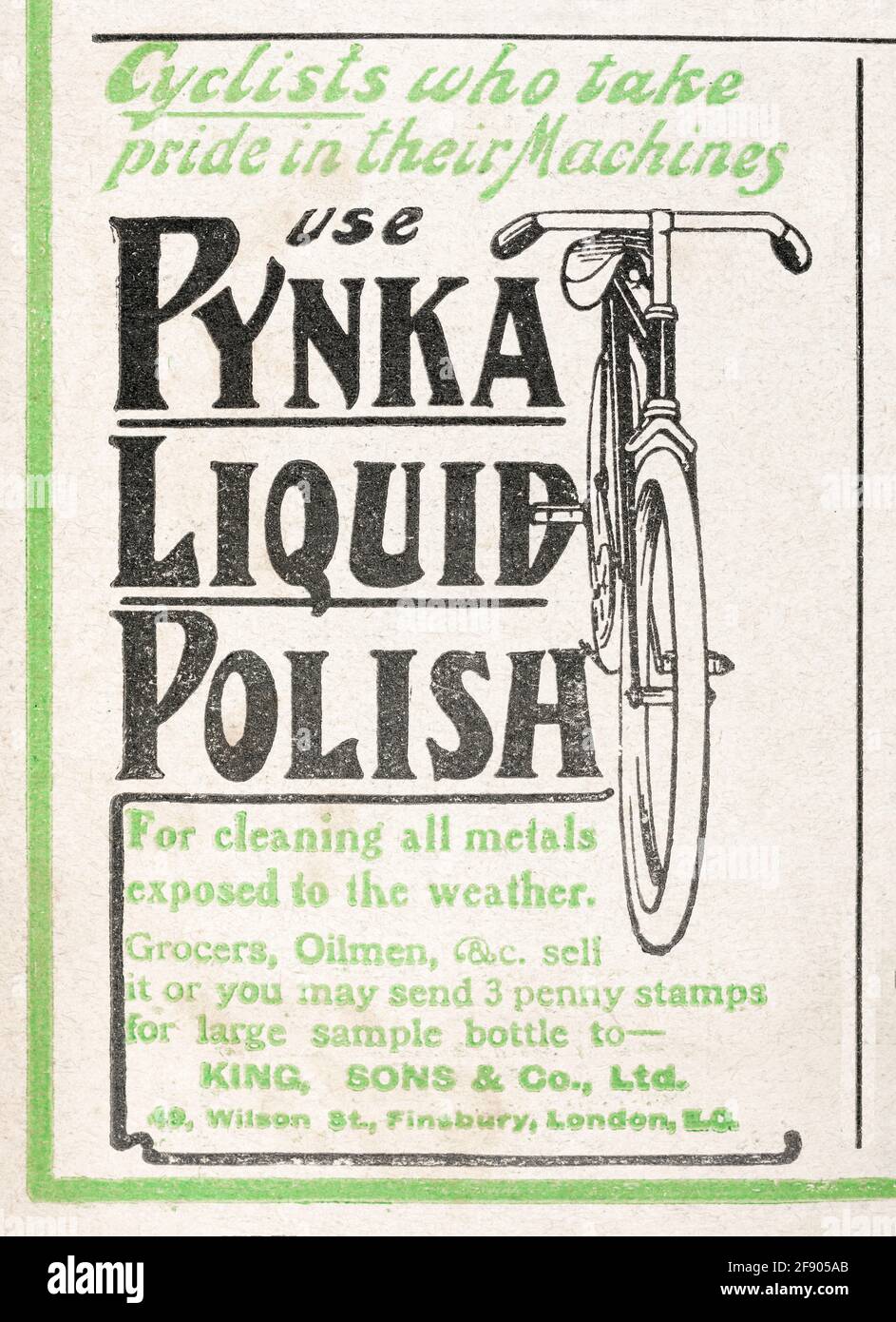 Vecchio spot vittoriano Pynka di pasta per biciclette d'epoca dal 1906 - standard pre-pubblicità. Storia della pubblicità, vecchie pubblicità ciclistiche. Foto Stock