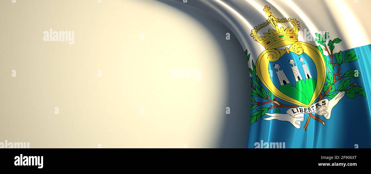 Bandiera di San marino. illustrazione in 3d della bandiera nazionale ondulata con uno spazio per la copia. Bandiera dei paesi europei. Foto Stock