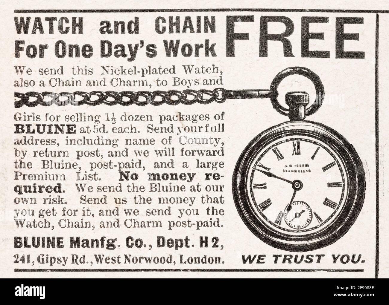 Vecchio spot d'orologio vittoriano d'epoca dal 1902 - prima dell'alba degli standard pubblicitari. Storia della pubblicità, vecchi annunci pubblicitari, storia della pubblicità. Foto Stock