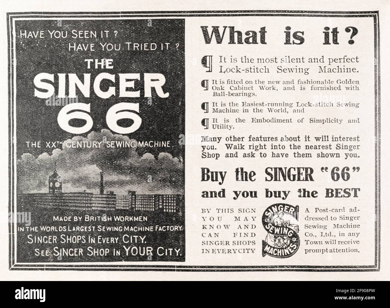 Vecchio annuncio vittoriano Singer 66 macchina da cucire d'epoca dal 1907 - standard di pre-pubblicità. Storia della pubblicità, vecchi annunci pubblicitari, storia della pubblicità. Foto Stock