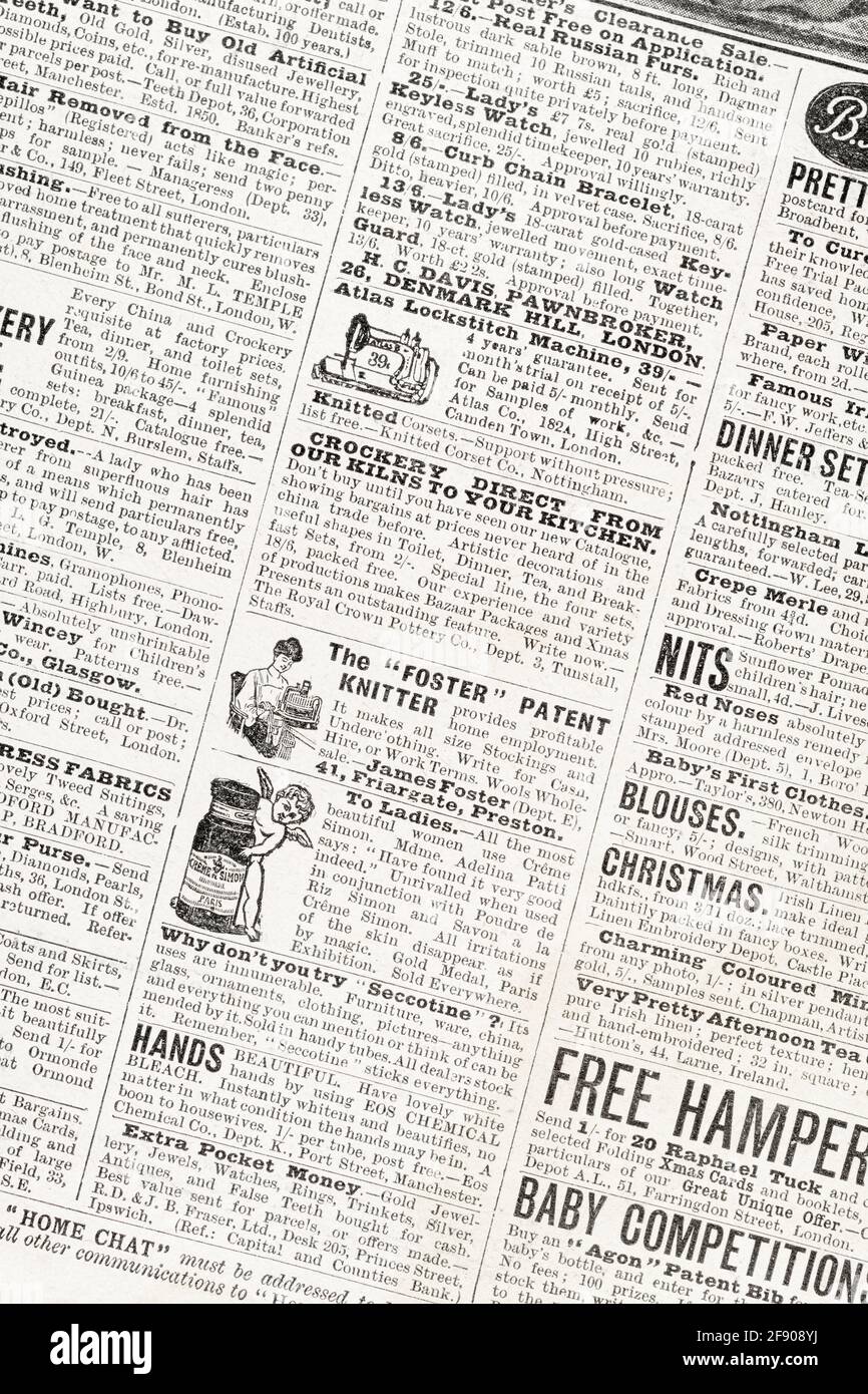Vecchia pagina vittoriana d'epoca di inserzioni classificate da una rivista di famiglia del 1907. Storia della pubblicità, annunci pubblicitari vecchi, storia della pubblicità. Foto Stock